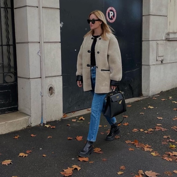 Mango Cream Faux Shearling Jacket with Black Trim - Picture 3 of 4